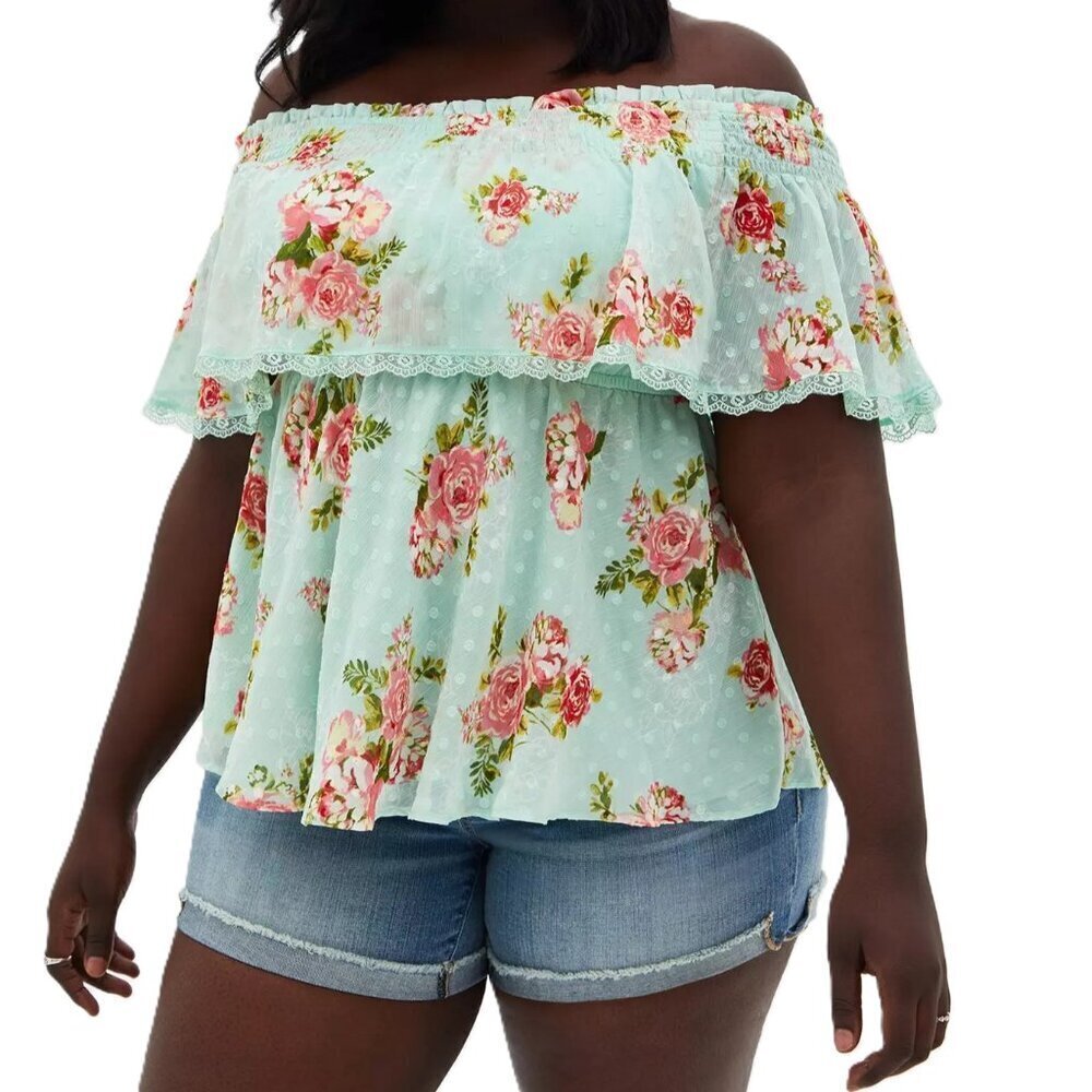 Torrid Swiss Dot Off-Shoulder Top Floral Green Lace 18/20 Boho Cottagecore